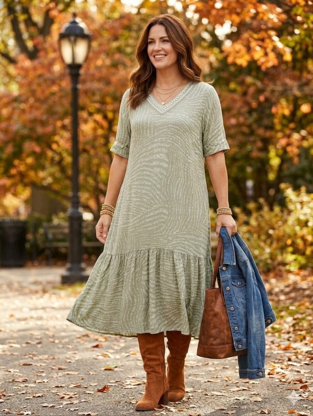 Chico's Sage Green Zebra Print Embellished V-Neck Midi Dress Size 1 Medium